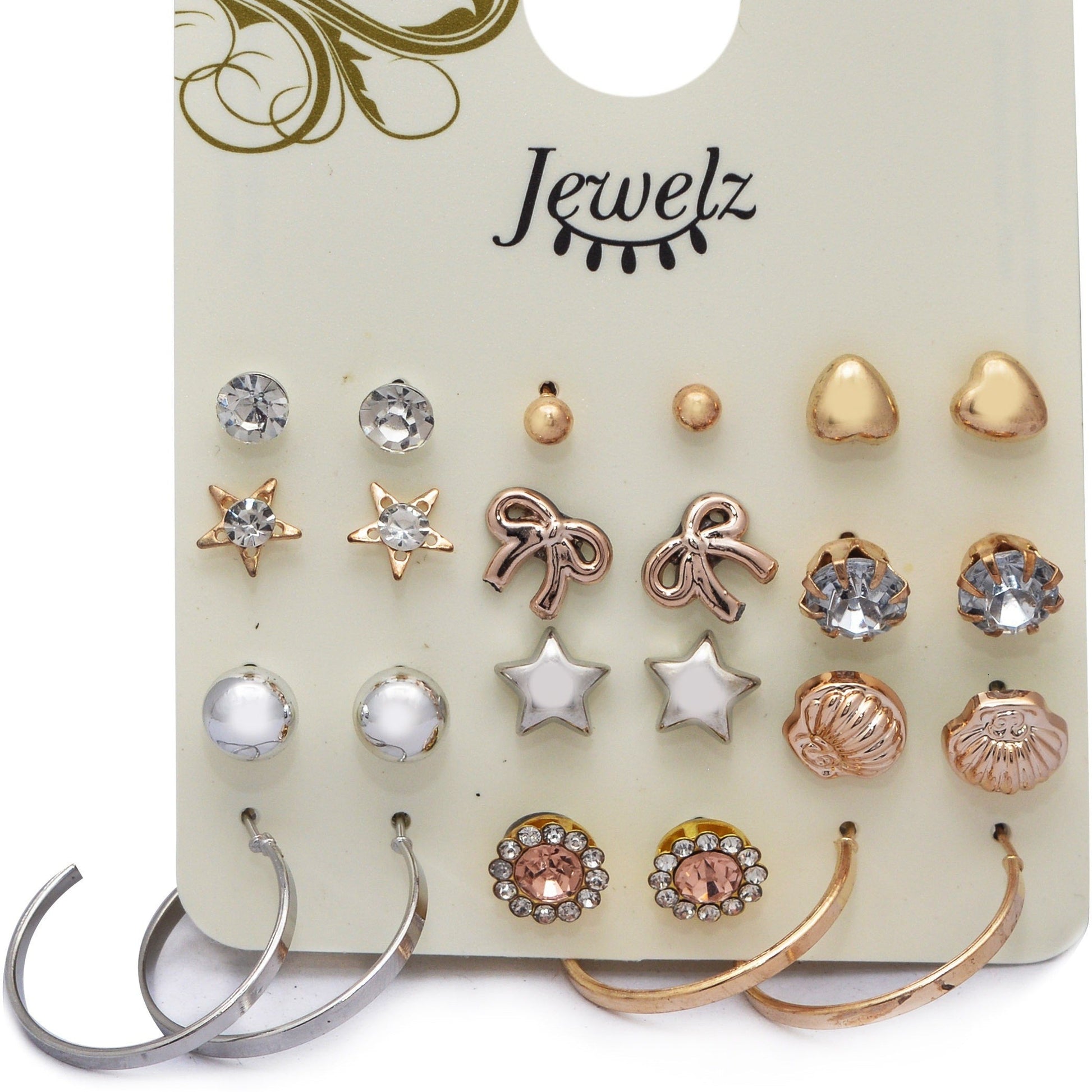 A set of 12 pairs of stud earrings presented on a card, featuring various designs including heart, star, floral, and geometric patterns, in silver and gold colors.