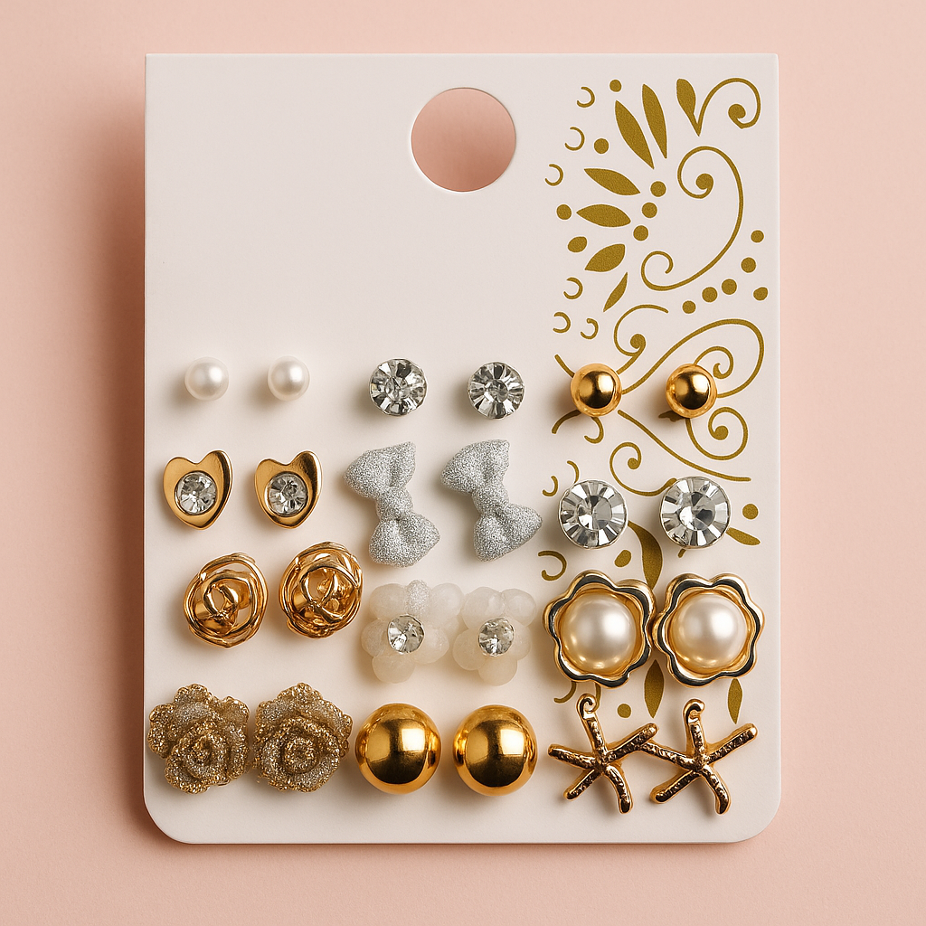 Trendy Gold-Plated Studs – 12 Pairs Combo
