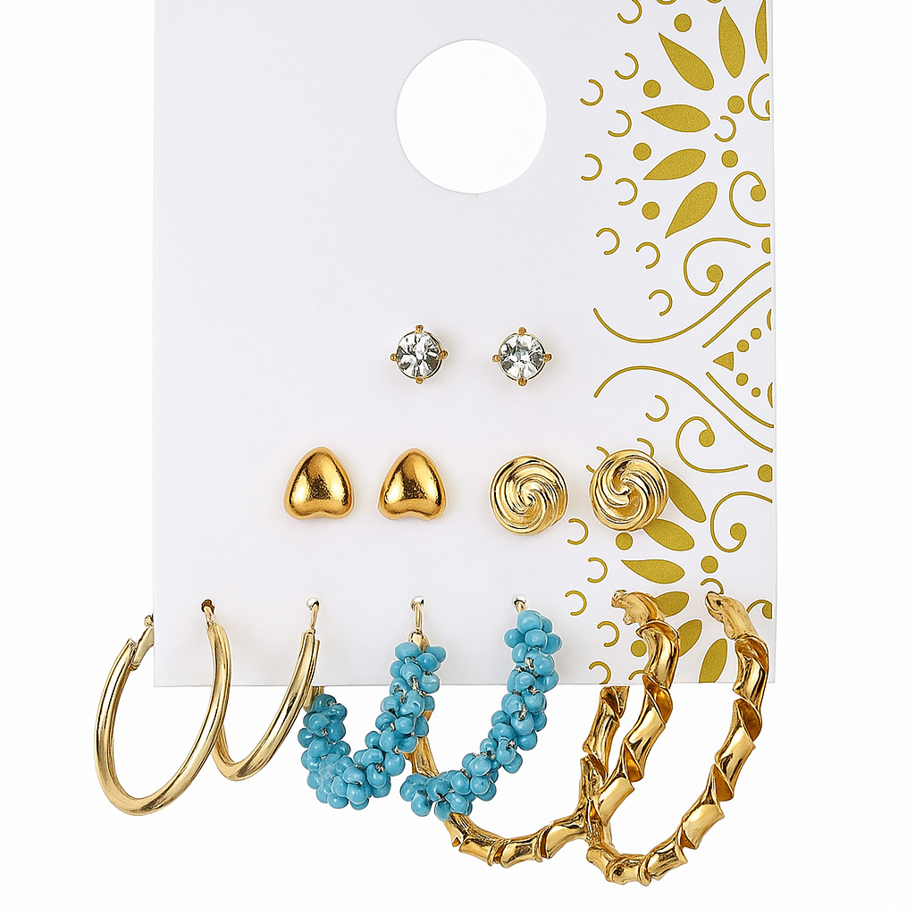 Chic Gold Stud & Hoop Earrings – 6 Pairs Set