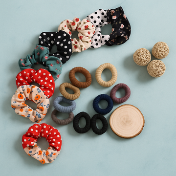 17 Pcs Polka Dot & Plain Hair Scrunchies Set