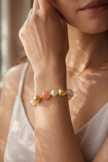 Gold & Pearl Beaded Bracelet with Peach Stone Accents