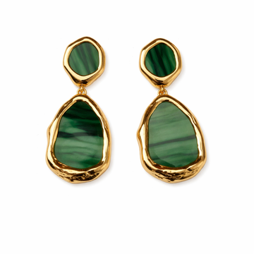 Gold and Marbled Green Stone Drop Earrings