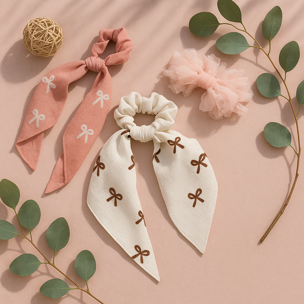 Two decorative hair ties with bow designs on a pink background with green leaves.