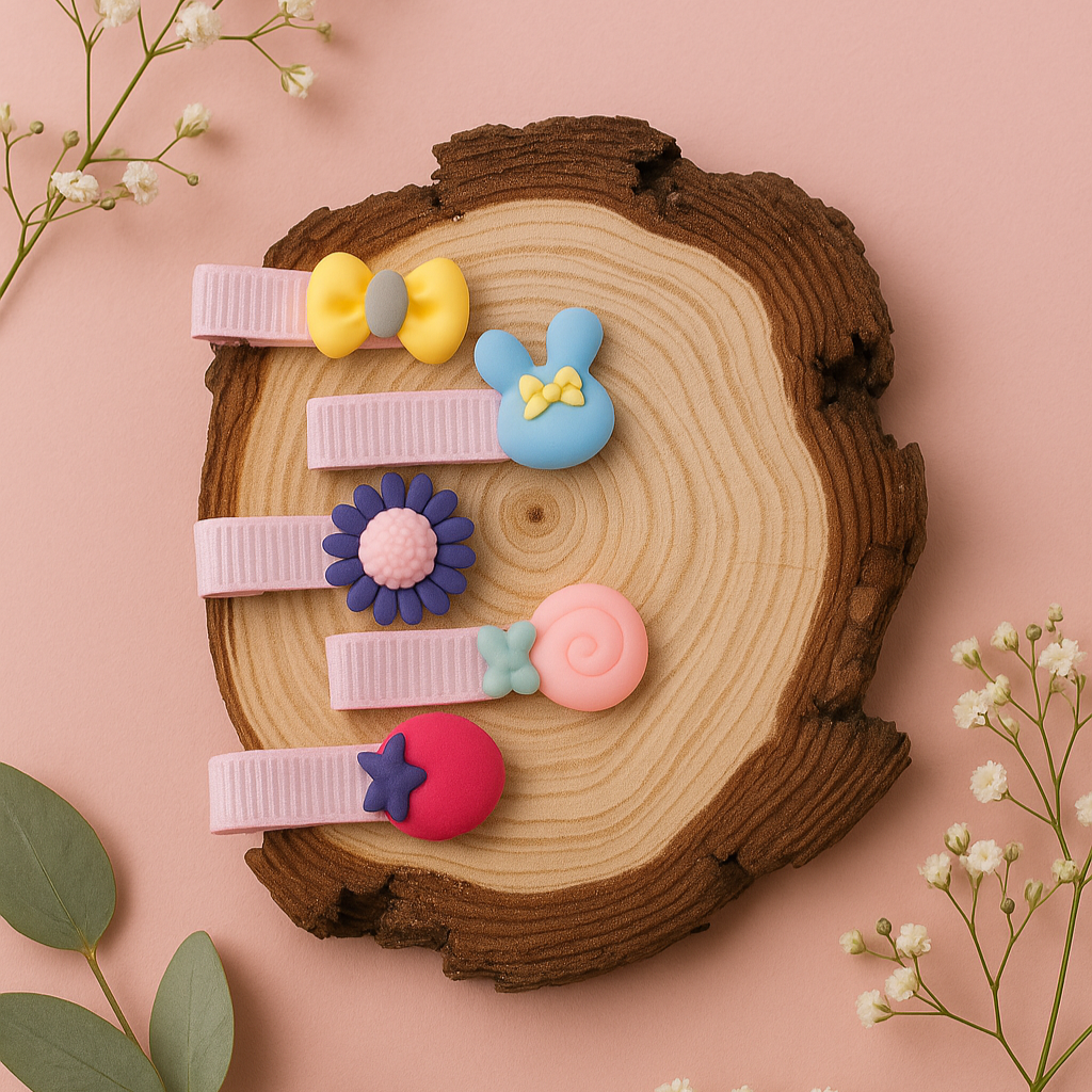 Colorful hair clips arranged on a wooden block with a pink background