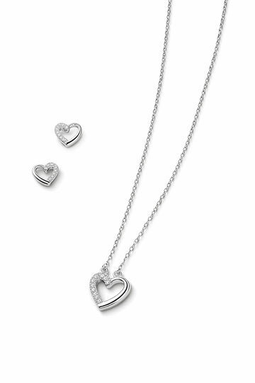 Silver heart-shaped necklace and earrings on a white background