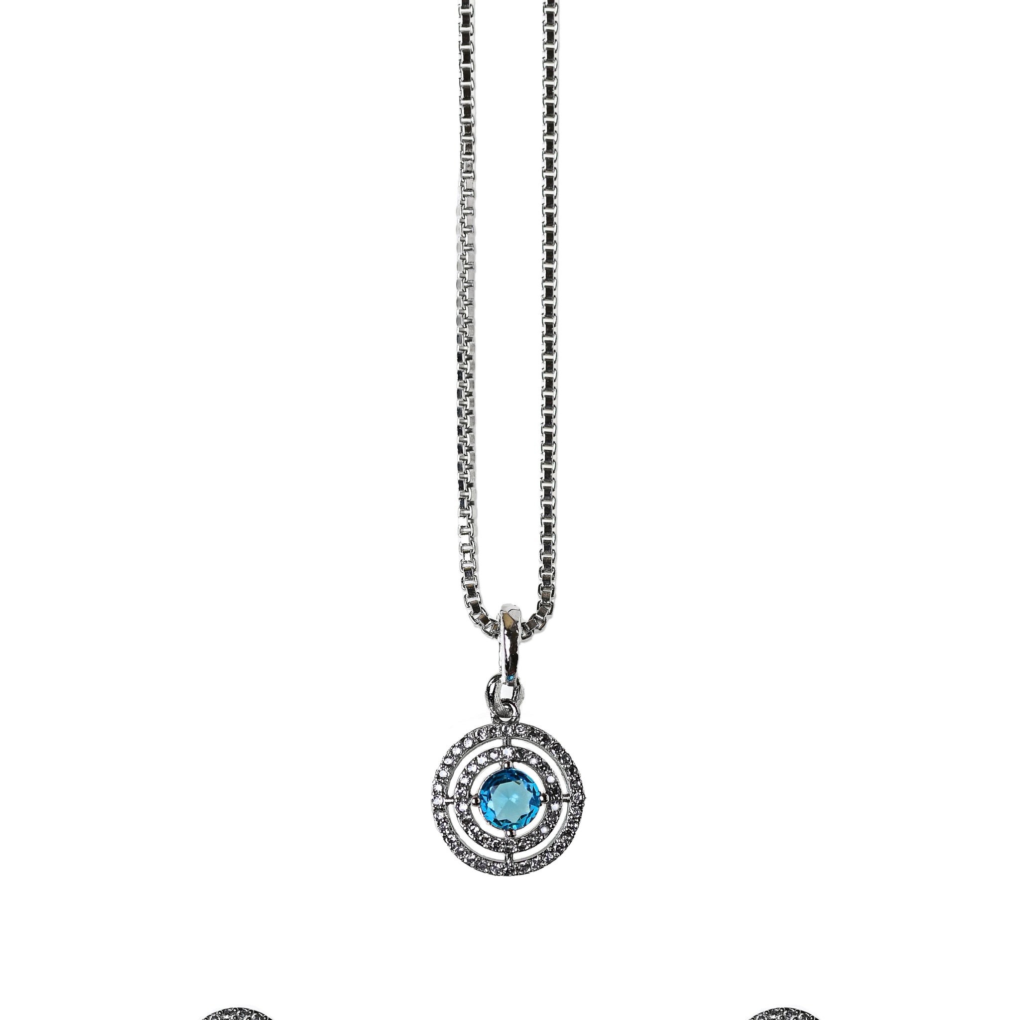 AD Crystal Blue Halo Pendant Necklace & Stud Earrings Set