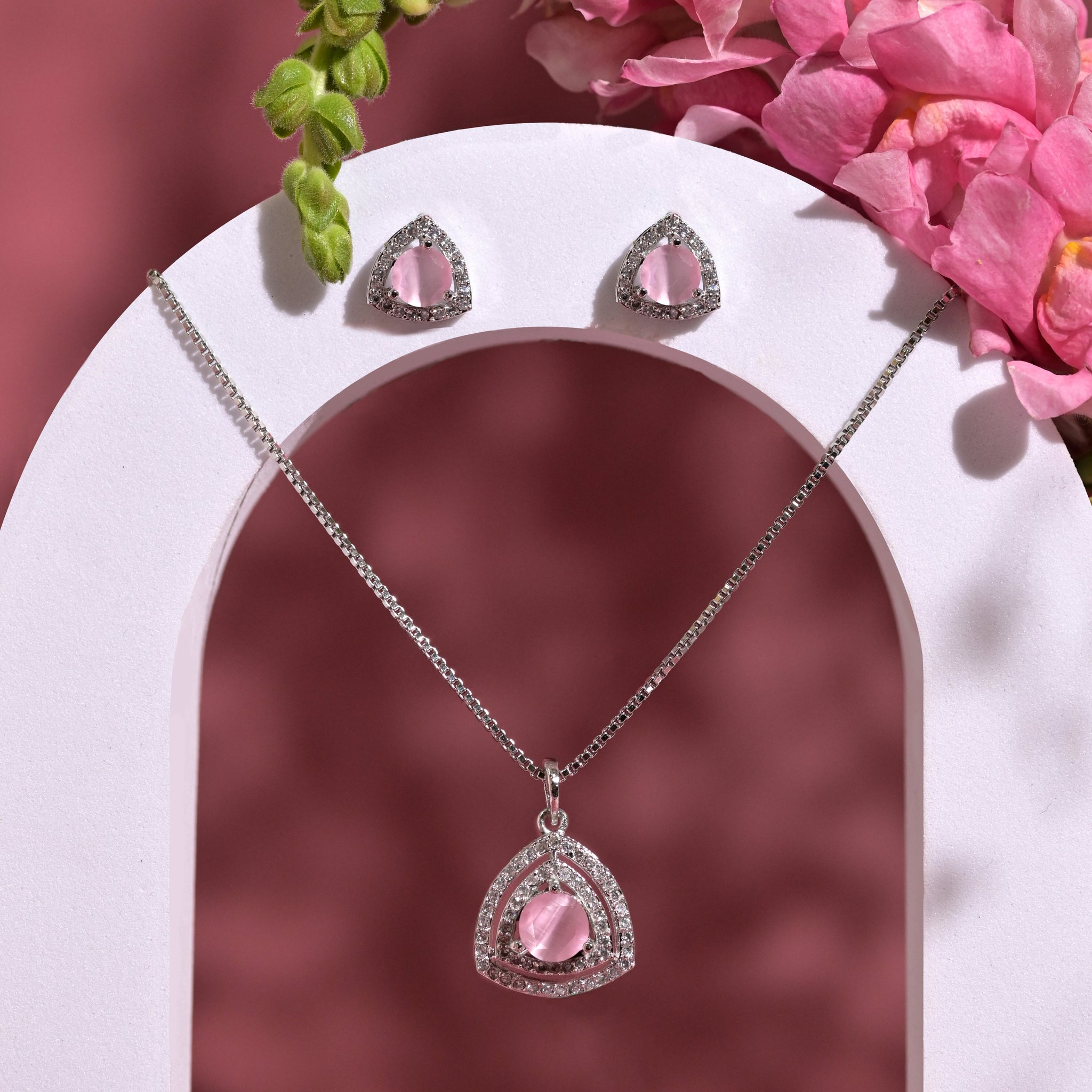 Blush Pink Trilliant Pendant & Earring Set – Romantic Silver Finish