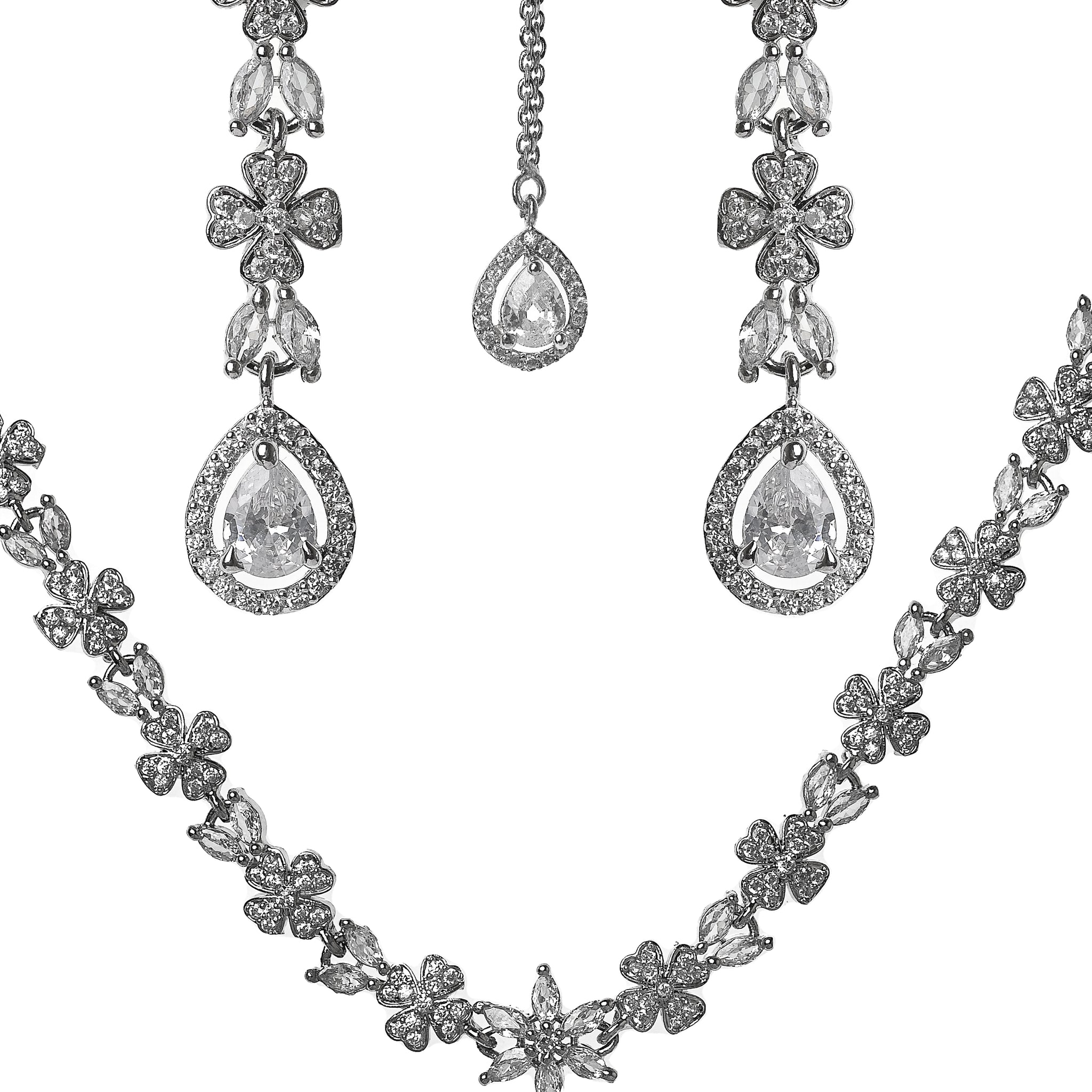 AD Floral CZ Diamond Necklace Set with Earrings & Maang Tikka