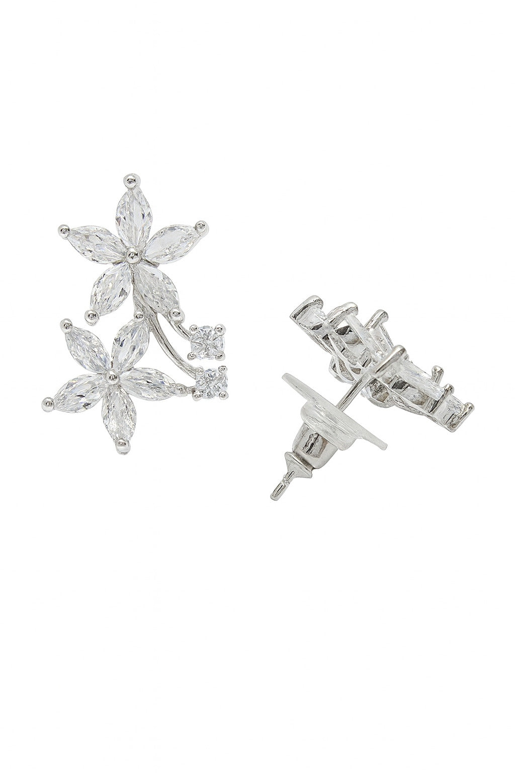 Silver floral earrings on a white background