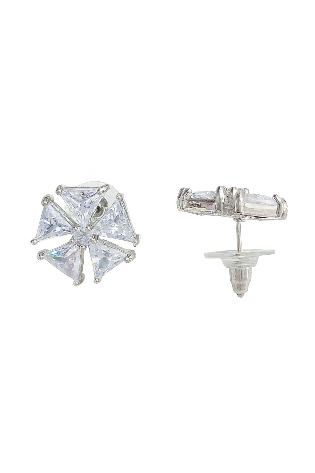 Pair of silver stud earrings with clear gemstones on a white background