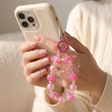 Pink Beaded Bow Bag Charm Bracelet Style with Acrylic Beads & Clip Ring