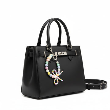 Pastel Multicolor Beaded Teddy Bag Charm with Bow Detail & Clip Ring