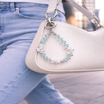 Aqua Crystal Beaded Bag Charm Bracelet with Faceted Glass Beads & Clip Ring