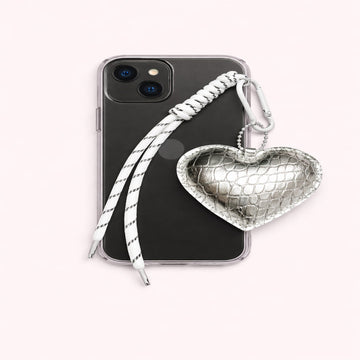 Luxury Silver Heart Croc Texture Bag Charm with Rope Strap & Carabiner Hook