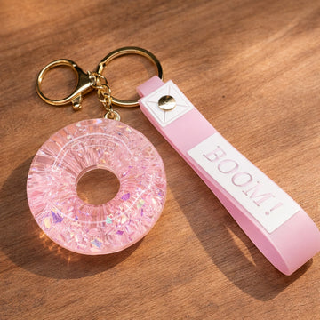 Pink Glitter Donut Bag Charm Keychain with BOOM Strap & Gold Ring Clip