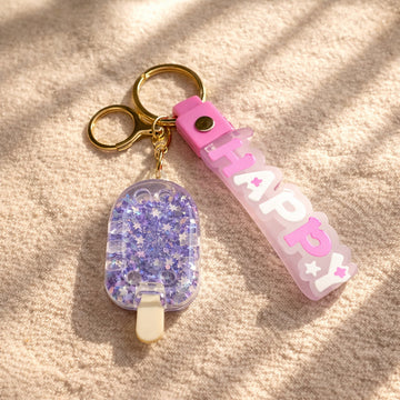 Glitter Popsicle Bag Charm Keychain with “HAPPY” Strap & Gold Ring Clip