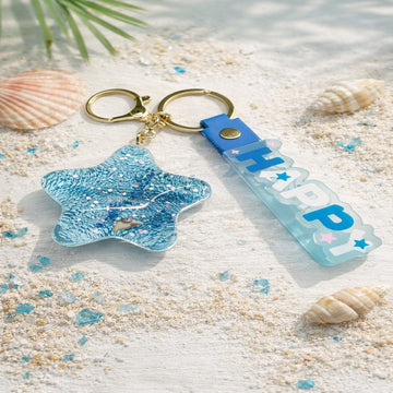 Blue Glitter Star Bag Charm Keychain with “HAPPY” Strap & Gold Ring Clipv