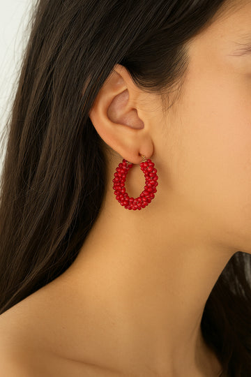 Handmade Red Beaded Hoop Earrings