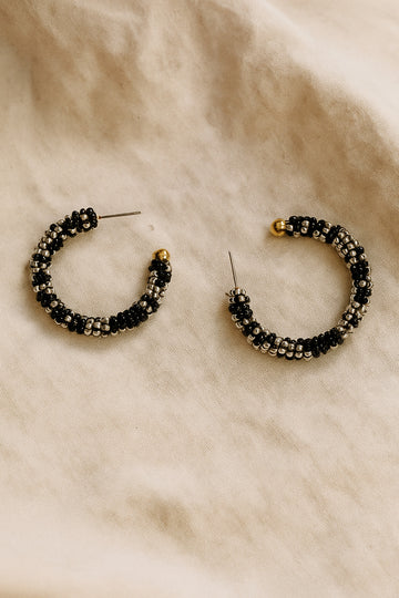 Black & Silver Beaded Hoop Earrings