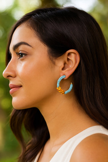 Mint & Yellow Beaded Hoop Earrings