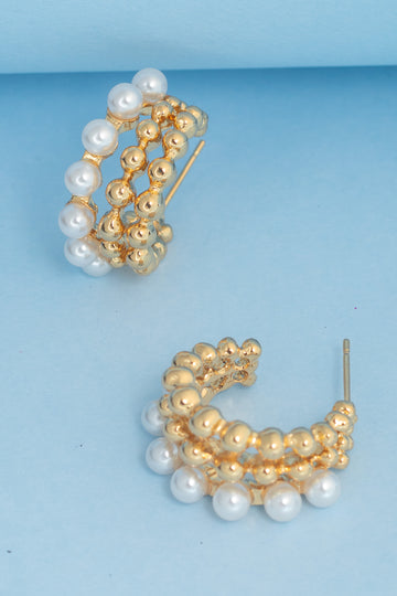 Golden Beads & Pearl Loop Hoops