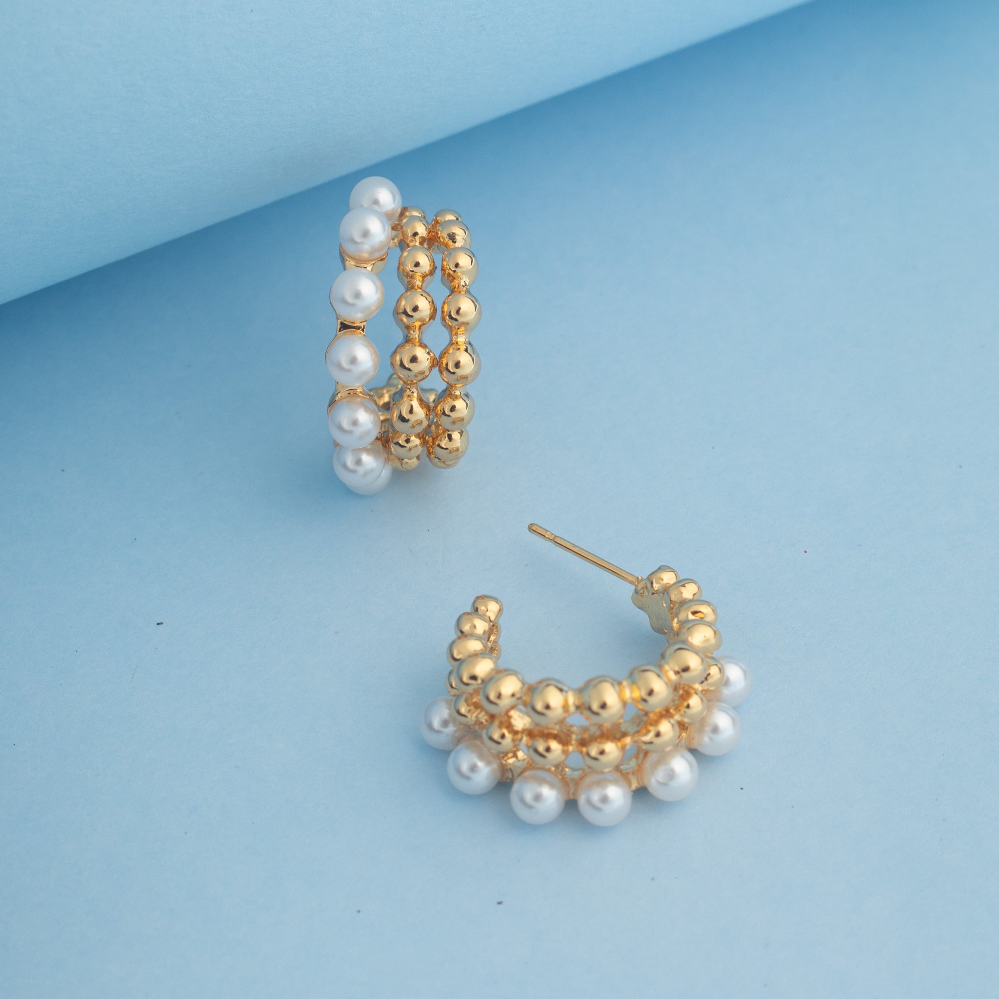 Golden Beads & Pearl Loop Hoops