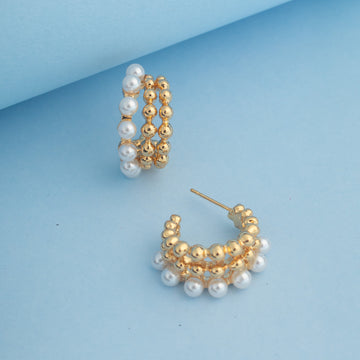 Golden Beads & Pearl Loop Hoops