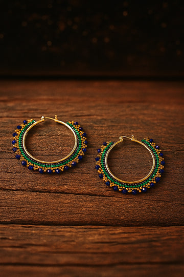 Green & Blue Beaded Hoop Earrings