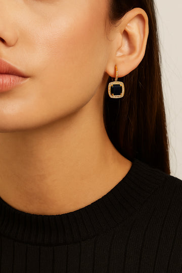 Gold-Plated Black Stone Drop Earrings