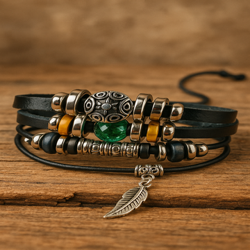 Multistrand leather bracelet with beads and charms on a wooden surface