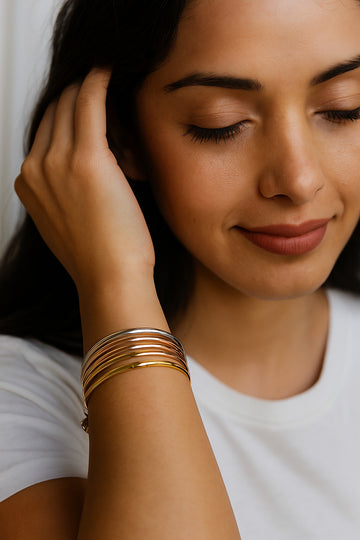 Set of 6 Metallic Charm Bangles – Gold, Rose Gold & Silver