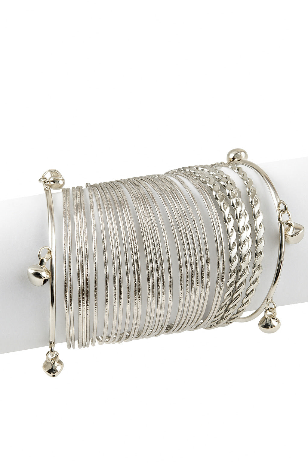 Silver bracelet with multiple links on a white background