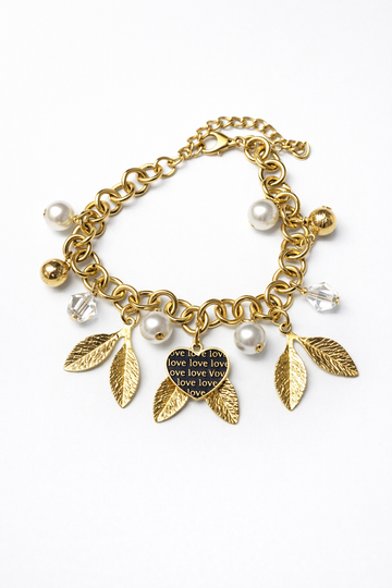 Fashion Gold Leaf Charm Bracelet with Pearls