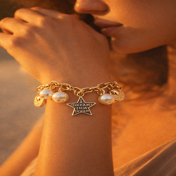 Gold Plated Star & Pearl Charm Bracelet for Women