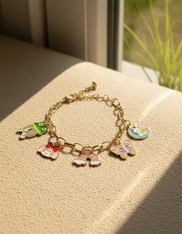 Girls Gold Tone Multicolor Cartoon Charm Bracelet