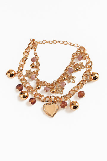 Gold Heart Charm Bracelet with Beads – Layered Chain Boho