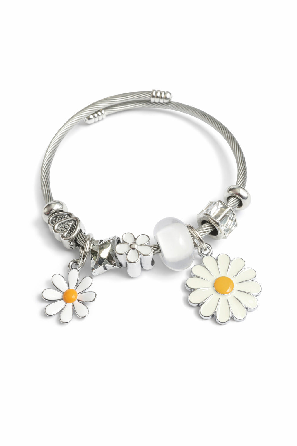 Silver bracelet with daisy charm on a white background