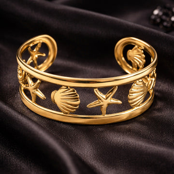 Golden Ocean Shell & Starfish Open Bracelet  for Women | Adjustable Beach Style Bracelet  | Trendy Korean Fashion Jewellery