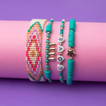 Set of 3 Handmade Beaded Friendship Bracelets – Turquoise & Multicolor