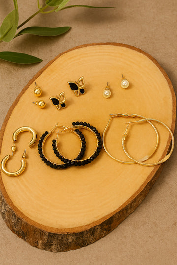 Gold & Black Multi-Style Earring Combo Set – 9 Pairs