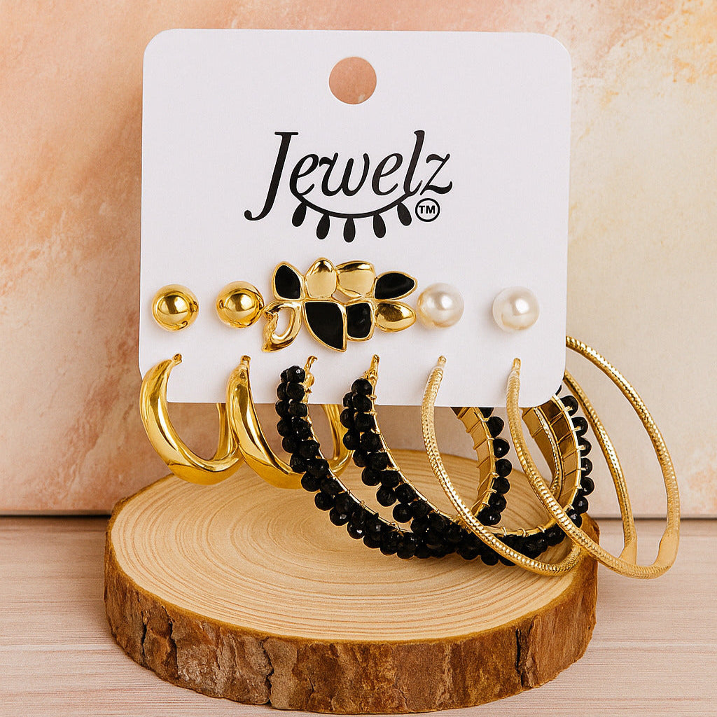 Gold & Black Multi-Style Earring Combo Set – 9 Pairs