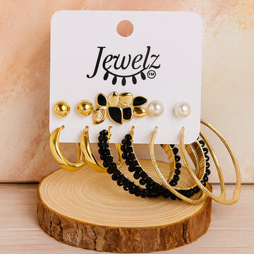 Gold & Black Multi-Style Earring Combo Set – 9 Pairs