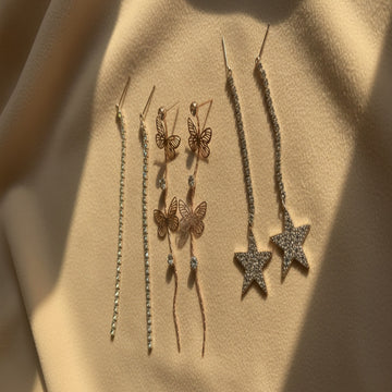 Rose Gold Star & Butterfly Chain Drop Earrings Set