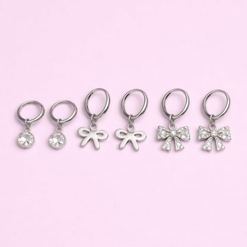 Silver Plated Bow Charm Hoop Earrings Set for Women