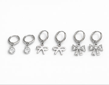 Silver Plated Bow Charm Hoop Earrings Set for Women