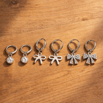 Silver Plated Bow Charm Hoop Earrings Set for Women