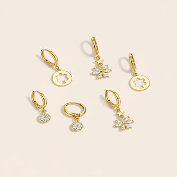 3 Pair Gold Hoop Earrings with Charm Drops