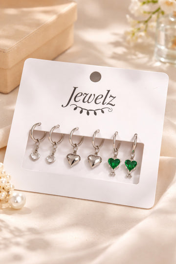 Jewelz Silver-Tone Heart Charm Hoop Earrings Combo Set
