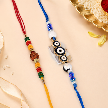 Designer Evil Eye & Rudraksha Rakhi Duo – Protective Thread Set for Brother