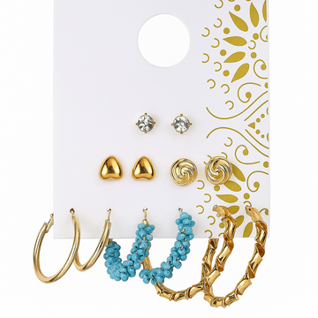 Set of earrings on a decorative card with gold and blue jewelry.